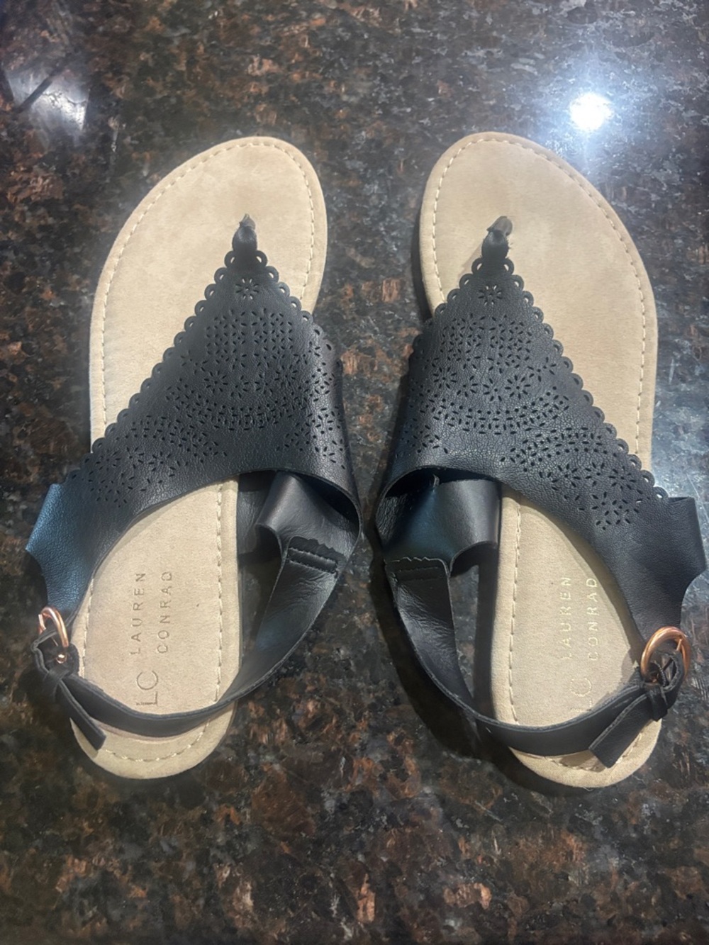 LC Lauren Conrad Black Laser-Cut Toe Loop Sandals with Tan Footbed